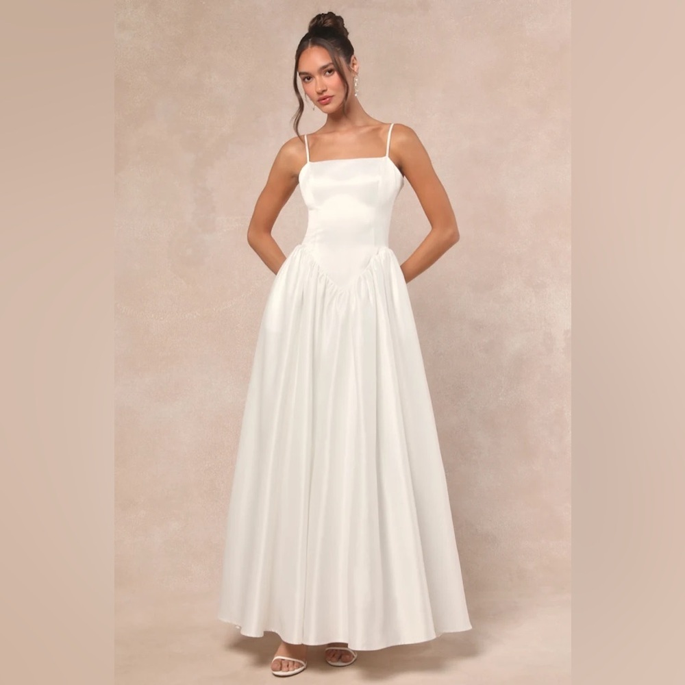 Lulu's White Spaghetti-Strap Satin Wedding Dress